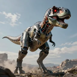 still of a cyborg T-Rex, red eyes, robotic extended arms, 4k, 85mm, dynamic lighting, photorealistic fantasy concept art, trending on art station, stunning visuals, cinematic