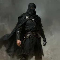 a former thief turned hero wearing a black shroud and a tunic with a black cape flowing over his shoulder. he is missing one hand that is replaced by a magical hand. fantasy book setting. art by gaston bussiere.