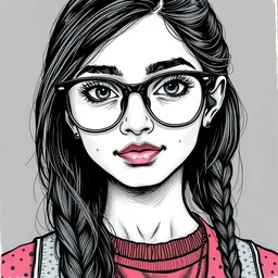 a nerdy young woman from hyderabad with big glasses, head and shoulders character portrait, ink, mixed media, srgb, highly detailed illustration by tim bradstreet