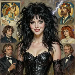 oil painted portrait of young jennifer connelly as death from sandman, gentle smile, puffy black 8 0 s hair, leather corset and black lace, by cedric peyravernay, drew struzan, alphonse mucha, by jeremy mann, by lecouffe deharme, gothic, goth chic, soft lightning, egyptian eyeliner, punk rock, high detailed, leather, 8 k, hyperrealism, donato giancola, joseph christian leyendecker, illustration, artgerm