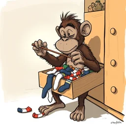 an awkward monkey fiddles with a drawer full of socks, cartoon illustration masterpiece