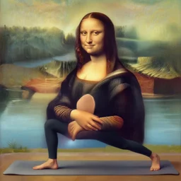 a skinny young woman wearing workout clothes doing yoga near the lake, a portrait! painting by leonardo da vinci!