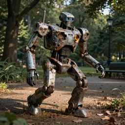 a run down battle robot patrolling Central Park