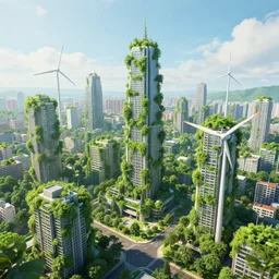 beautiful solarpunk city, sustainable future, greenery growing over buildings, wind power