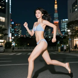 photography portrait of bikini girl running in tokyo at night in the style of daido moriyama, 8 0 mm lens, grainy wb image