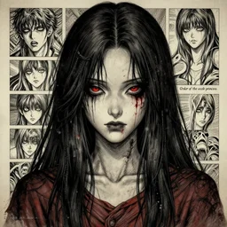 A beautiful detailed aesthetic horror portrait painting titled 'Face of sadness' description 'Order of the occult princess' portrait, character design, worn, dark, manga style, extremely high detail, photo realistic, pen and ink, intricate line drawings, by Yoshitaka Amano, Ruan Jia, Kentaro Miura, Artgerm, post processed, concept art, artstation, matte painting, style by eddie mendoza, raphael lacoste, alex ross,