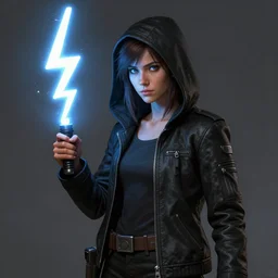 a young woman in a black hooded jacket holding a lightning bolt as a star wars character, a detailed matte painting by edward george handel lucas, cg society, shock art, reimagined by industrial light and magic, flickering light, matte painting
