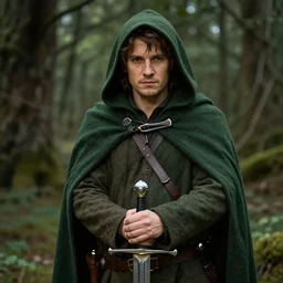 a portrait of a handsome hobbit rogue wearing a dark green hood and a cloak in the forest, wearing adventure gear, holding a sword, ultra realistic, detailed, masterpiece, short brown hair, clean shaven, by Tony Sart and Randy Vargas and Greg Rutkowski, trending on ArtStation