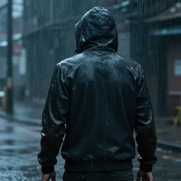 a hooded man facing backwards in a tense rain, cinematic, cut-scene, ps5
