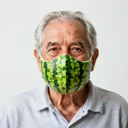 an elderly man wearing a mask made from watermelon, bold natural colors, national geographic photography, masterpiece, 8 k, raw, unedited, symmetrical balance
