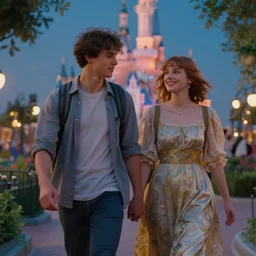 a cinematic extreme close - up of a young couple walking in the park, disney, evening, highly detailed matte painting, telephoto lens 2 0 0 mm, by stanley artgerm lau, greg rutkowski, thomas kinkade, alphonse mucha, loish, norman rockwell, artstation