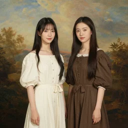 two beautiful girls standing in front of john martin landscape
