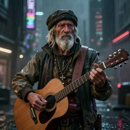 portrait of a old nomad with guitar in cyberpunk city, rainy night, highly detailed, unreal engine 5