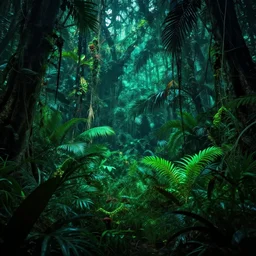 high resolution glowing neon jungle overgrown blockbuster video parallax, ominous