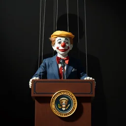 string puppet of a president with clown makeup in a podium and a human shadow behind