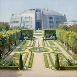 french formal garden in a space fortress. this oil painting by the award - winning mangaka has dramatic lighting, an interesting color scheme and intricate details.