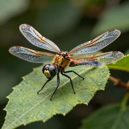 armored dragonfly with filigree wings on a green leaf, steampunk style, octane renderer, macro shot, highly detailed, ultra realistic 4K, depth blur