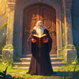 an angry old wizard facing the camera in robes holding a magical book standing in front of an elaborate ancient wooden closed closed closed door, beautiful colorful fantasy rendering, colorful, grass, stone steps, steps, glowing runes, morning, golden hour, inspired by art of James Gurney and Greg Rutkowski