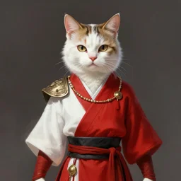 portrait of a cat warrior in red and white clothing, fantasy, digital painting, hd, 4 k, detailed.