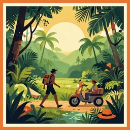 vintage poster, jungle travel adventure, illustration, vector art, retro