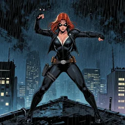 in the style of phil noto comic art, joshua middleton comic art, black widow on a rooftop, symmetrical eyes, rain, night, rain, symmetrical, action pose, phil noto