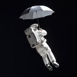 astronaut gliding through space with an umbrella, high quality photorealistic, long shot from the back