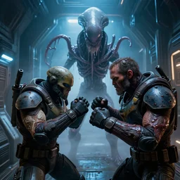 2 8 mm closeup portrait of a mass effect soldier fist fighting a wet slimy dripping cthulhu lovecraft alien xenomorph monster in science fiction spaceship hallway, dramatic lighting, octane, blue lights, lens flare, industrial, dirty, trending on artstation, h. r. giger, gustave dore, moebius, mist, mass effect, action, volumetric lighting