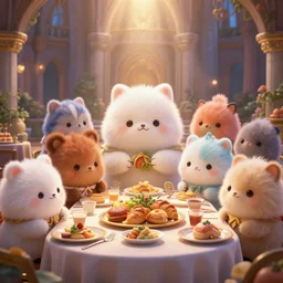 highly detailed group closeup portrait of cute fluffy animals having a banquet in a castle, unreal engine, nicoletta ceccoli, mark ryden, earl norem, lostfish, global illumination, god rays, detailed and intricate environment