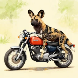 A drawing of an African wild dog on a motorcycle.