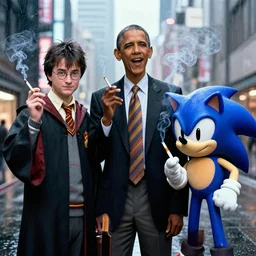 Harry Potter, Obama and Sonic the Hedgehog smoking cigarettes in the rain in Shinjuku