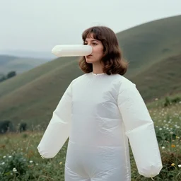 woman with an inflatable nose, long snout, long inflatable arms, in the hillside, 1974 fellini, archival footage, technicolor film