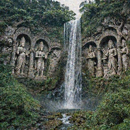 carved into a Mountain a temple above a waterfall, giant intricate statues, arches adorned pillars, archways, gnarly trees, lush vegetation, forrest,  a small stream runs beneath the waterfall, landscape, raphael lacoste, eddie mendoza, alex ross, concept art, matte painting, highly detailed, rule of thirds, dynamic lighting, cinematic, detailed, denoised, centerd