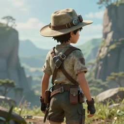 an intricate concept art of a explorer boy with hat and accessories standing, back - view, anime style, global illumination, digital art, photorealistic movie still, style ivan talavera and artgerm, hyper realistic, photorealistic, octane render, trending on artstation, cgsociety, cinematic light, 8 k
