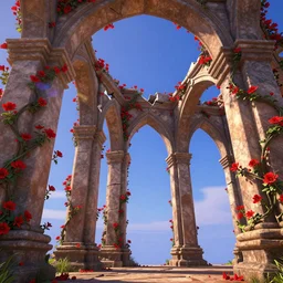 broken arches leading to the pillars of eternity draped with red flowers and vines, blue sky, lens flare, a sense of mystery, cinematic, ultra detailed, intricate, sharp focus, trending on artstation, 3d render, film still from Disney’s Tangled (2010), 8K