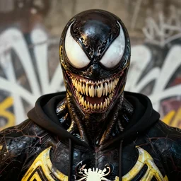 highly detailed closeup portrait of a cyborg venom symbiote in spiderman suit with skeleton skull head, black hoodie by atey ghailan, by greg rutkowski, by greg tocchini, by james gilleard, by joe fenton, by kaethe butcher, gradient, yellow, black, brown and white color scheme, grunge aesthetic!!! white graffiti tag wall background