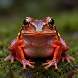 All Hail the mighty Cyberfrog ! In its natural environment, Close up. Macro. Hyper realistic, reddish, glowing