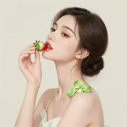 the portrait of an absurdly beautiful, graceful, elegant, sophisticated, chaste woman made of strawberries and green petals looking up, an ultrafine hyperdetailed illustration by kim jung gi, irakli nadar, intricate linework, bright colors, octopath traveler, final fantasy, unreal engine 5 highly rendered, global illumination, radiant light, detailed and intricate environment