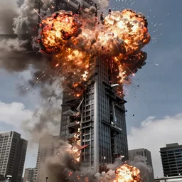 explosion and the fall of the militech skyscraper, bottom viev, ultra realistic, 4 k