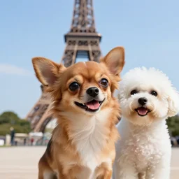 a photorealistic closeup image of a cute brown colored long haired chihuahua cocker spaniel dog with a happy white bichon frise dog in paris at eiffel tower. brightly lit. extreme detail. 4 k hd unreal engine