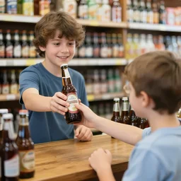 boy hold beer bottle in the shop and the casier don't want to sell it to the kid.