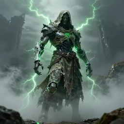character and environment design, biomechanical arcanis, tattered robe and hood, green lightning, fog, scary, arrogant, hostile, photorealistic, cinematic, hyper realistic, octane render, 8 k, wide angle