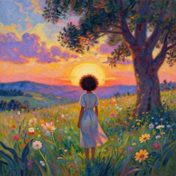 girl with one flower afro, standing in a field with flowers, hills, big trees, sunrise dramatic light, impressionist painting, colorful clouds, digital painting, pointillism, artstation, simon stalenhag