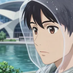 Cinestill 800t, 8K, highly detailed, seinen manga 3/4 extreme closeup portrait, eye contact, focus on clear transparent raincoat, tilt shift zaha hadid style anime background: famous anime remake, pond scene