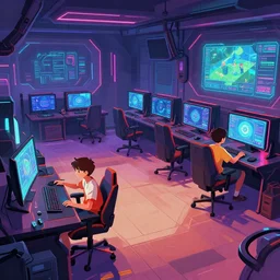 two boys playing game at a spacious gaming room, hi - tech gaming setup, highly detailed interior, synthwave, colored, illustration, artstation, art by john berkey