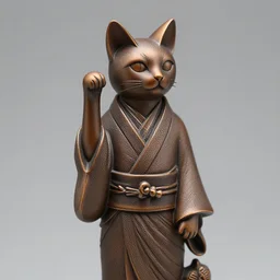 elegant tall thin anthropomorphic cat figurine wearing a detailed kimono, hand carved brown resin, kimono robe detailed toggles, very highly detailed, petite, exquisite details, intricate, monotone, shy looking away waving one paw head turned slightly, deep focus, maneki - neko