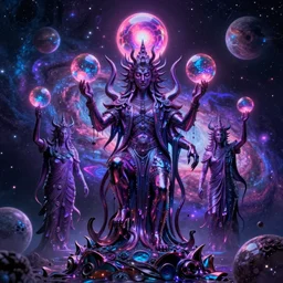 great old ones, yog - sothoth, r'lyeh, shub - niggurath, cosmic psychedelic, wet gloss metal render, purple pink blue, orbs glow iridescent, psycho nebula colors, galaxy nebula planets, photoluminescence reflective spectral colors, award winning photograph, unreal engine, realism, realistic cgi, real life