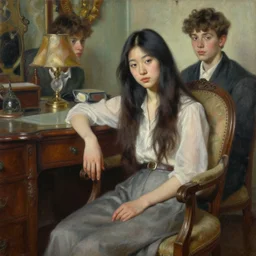 oil painting by ilya kuvshinov,, baugh casey, rhads, coby whitmore, of a youthful japanese beauty, long hair, sitting on antique chair leaning against a desk, victorian room, highly detailed, breathtaking face, studio photography