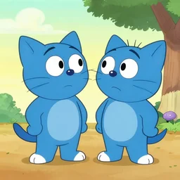 a pair of blue cat characters in the style of 9 0 s nickelodeon cartoons, on an interesting adventure