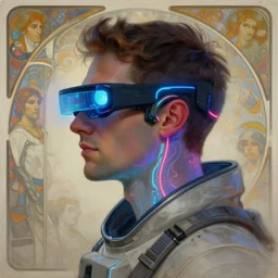 side view future coder man, sleek cyclops display over eyes and glowing headset, neon accents, holographic colors, desaturated headshot portrait digital painting by alphonse mucha, donoto giancola, dean cornwall, rhads, john berkey, tom whalen, alex grey, astronaut cyberpunk electric lights profile
