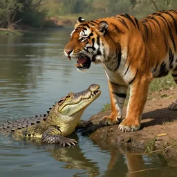 a crocodile grabs onto a roaring tigers leg at the edge of the river, dramatic, matte painting, trending on ArtStation